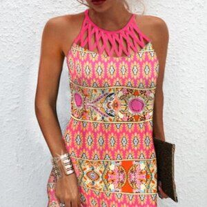 Printed Grecian Neck Mini Dress